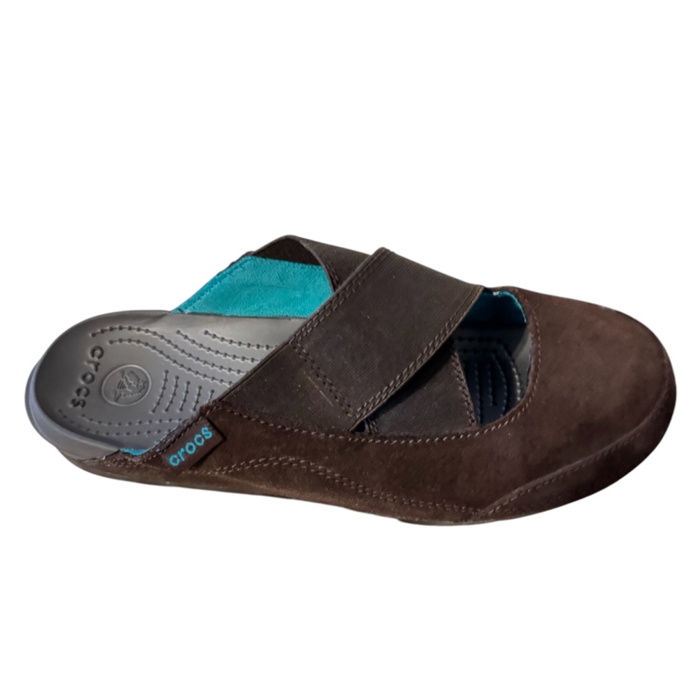 CROCS Edie Slip on Suede Shoe Soft Comfort Walking Stylish Brown and Teal Mules